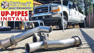 2001 F350 73  RiffRaff UpPipes Install  Stock up pipes leaking and falling apart JUNK SP [upl. by Nosyaj273]